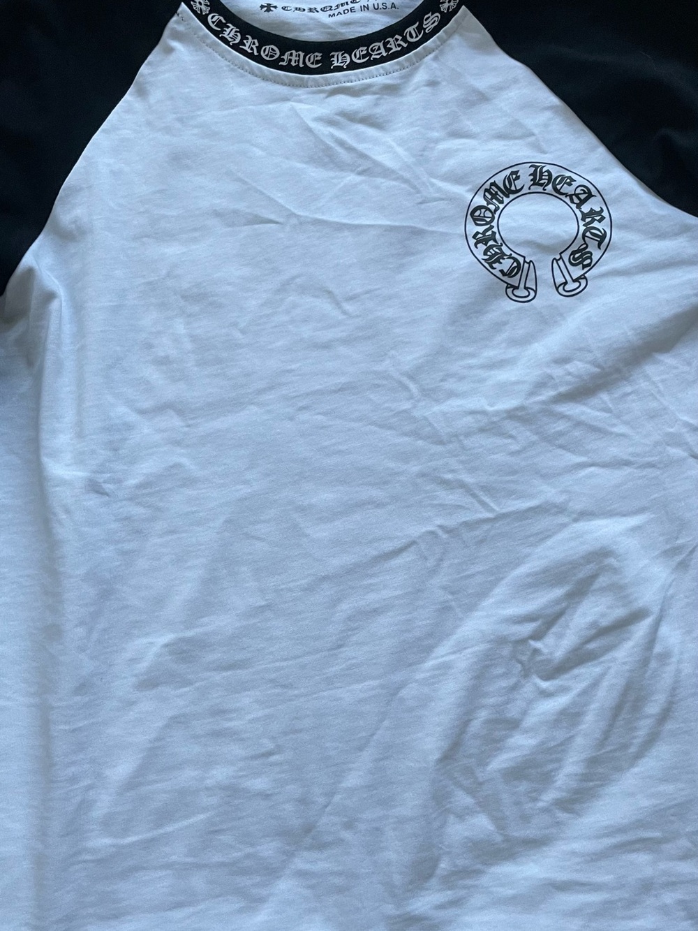 Chrome Hearts White Tee with Black Raglan Sleeves and Horseshoe Logo